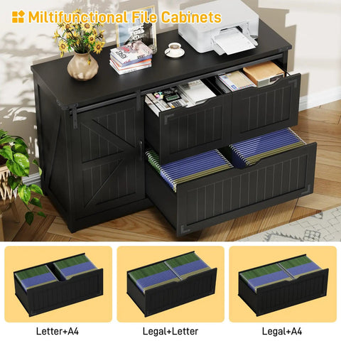 Rustic Farmhouse File Cabinet With Sliding Barn Door For Home Office Storage Heavy Duty Filing Stand showcasing sliding barn door and spacious drawers.