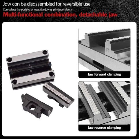 Built Tough Five Axis Self Centering Vise With Quick Swap Jaw Setup And Dead Nuts Alignment For Hassle Free Milling and Knockout Workholding Performance Erowa Compatible multi-functional detachable jaws on a milling vise.