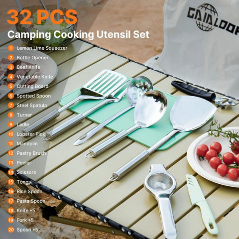 32 Piece Camping Cooking Utensil Set With Organizer Bag For Open Fire Pit And Grillin On The Go Portable RV Camp Kitchen Kit displayed on table