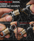 Hands demonstrating the safety buckle of a Quick Release Titanium Keychain With 2 To 28mm Rings, Swivel Heavy Duty Key Ring For Home And Car Keys.