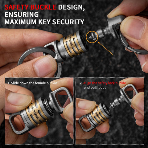 Hands demonstrating the safety buckle of a Quick Release Titanium Keychain With 2 To 28mm Rings, Swivel Heavy Duty Key Ring For Home And Car Keys.