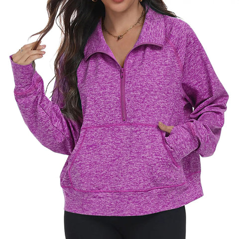 Women's Half Zip Fleece Sweatshirt With Kangaroo Pocket, Soft Stretch Knit For Everyday Wear, Perfect Spring And Fall Layering