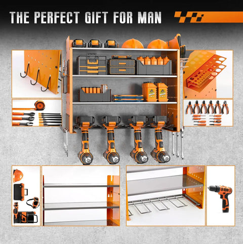 Power Tool Organizer Wall Mount With Charging Station Four Tier Garage Storage Rack Including Cordless Drill Holders And Side Tool Racks For Pliers Hammers And More Orange