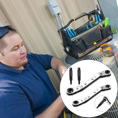 HVAC Air Conditioning Valve Ratchet Wrench Set With Dual Pneumatic Wrenches for 3/16 to 3/8 Inch, shown used on AC unit