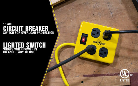 Heavy Duty Metal Power Block With Four Grounded Outlets, Lighted Switch, Four Foot Yellow Cord, 14 Gauge, Built In 15 Amp Circuit Breaker For Rugged Workshop Use