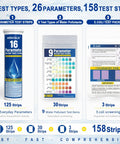 Image of All In One 26 Parameter Water Test Kit With 158 Reagent Strips showing 16, 9, and E.coli test strips for home water testing.