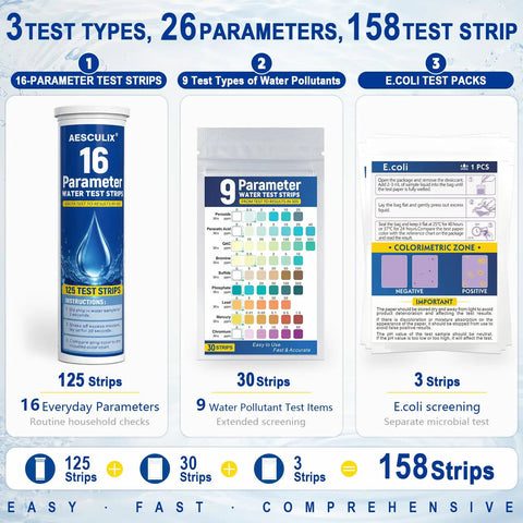 Image of All In One 26 Parameter Water Test Kit With 158 Reagent Strips showing 16, 9, and E.coli test strips for home water testing.