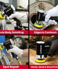 Mini Orbital Air Sander Kit For Two Inch And Three Inch Sanding in use for detailing, edges, spot repair, wood finishing.