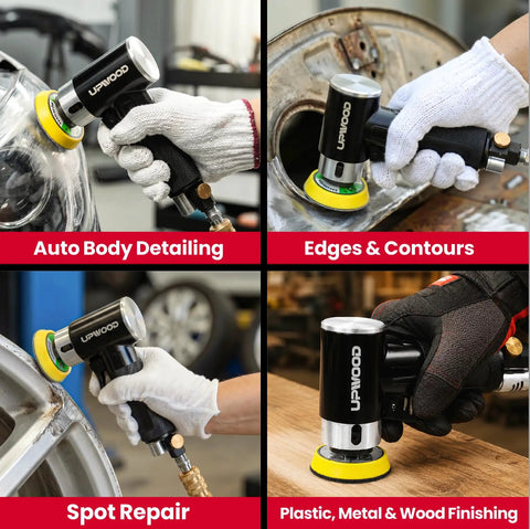 Mini Orbital Air Sander Kit For Two Inch And Three Inch Sanding in use for detailing, edges, spot repair, wood finishing.