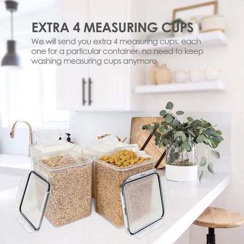 4 Pack Big Food Storage Canisters 5.2L Airtight BPA Free Plastic For Flour Sugar Rice With Lids Includes 4 Measuring Cups And 24 Labels Pantry Organization Black displayed in a modern kitchen setting.