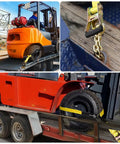 Heavy Duty Car Tie Downs Lock Tight Steel Ratchets include six extra long tire straps securing a forklift on a trailer.