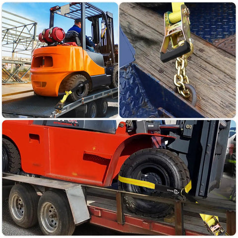 Heavy Duty Car Tie Downs Lock Tight Steel Ratchets include six extra long tire straps securing a forklift on a trailer.