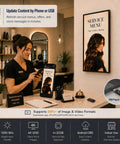 Image of a woman updating a Heavy Duty 65 Inch Wall Mounted Digital Signage Display 4K Menu Board indoors.