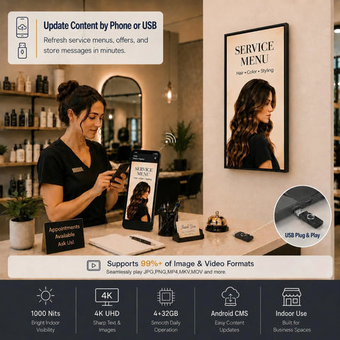 Image of a woman updating a Heavy Duty 65 Inch Wall Mounted Digital Signage Display 4K Menu Board indoors.
