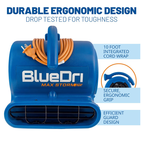 Front view of Storm 25 One Quarter HP 900 CFM Air Mover Blower with cord wrap and ergonomic grip