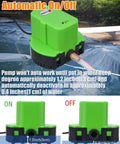 Automatic Pool Cover Pump Submersible 1200 GPH With Four Adapters And Sixteen Foot Drain Hose Auto On Off in green on pool cover
