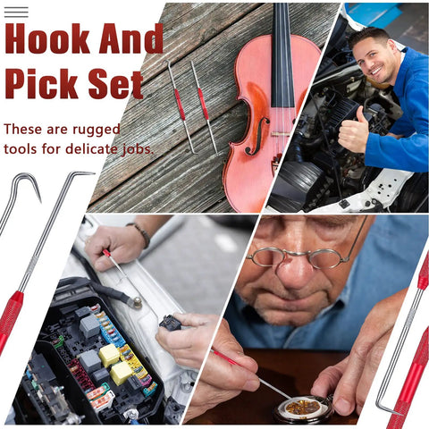 Professional Grade Grip Tight 4 Piece Hook And Pick Tool Set Double Pointed Scribe Kickass For Auto Oil Changes O Ring Removal Glue Scraping Durable Steel Every Craftsman Raves, shown with tools in use on various projects.