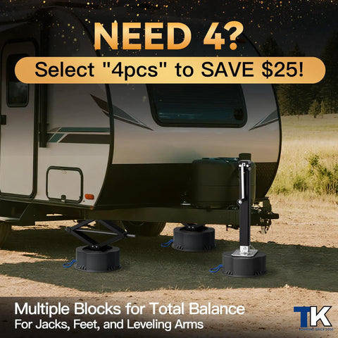 Built Like A Tank 12000 Lbs Trailer Jack Block For Rv Camper Leveling with RV on uneven ground and multiple blocks beneath.