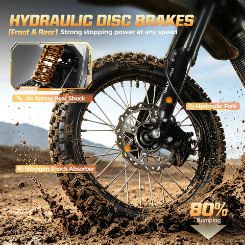 Electric Dirt Bike With Lights And Display For Off Road Adventures, 3840W Power, hydraulic disc brakes on rugged tire