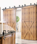 Rustic Black Double Track U Shape Bypass Sliding Barn Door Hardware Kit For Four Doors With 12 Foot Flat Track And Diamond Design Rollers