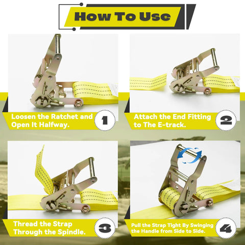 How to use Heavy Duty E Track Ratchet Straps 8 Pack Tie Down Cargo Slings 2X15 Feet Yellow with step-by-step instructions.
