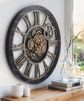 36 Inch Oversized Wall Clock With Real Moving Gears Vintage Industrial Decor Rustic Farmhouse Accent Piece Black Wood Bronze Finish on display.