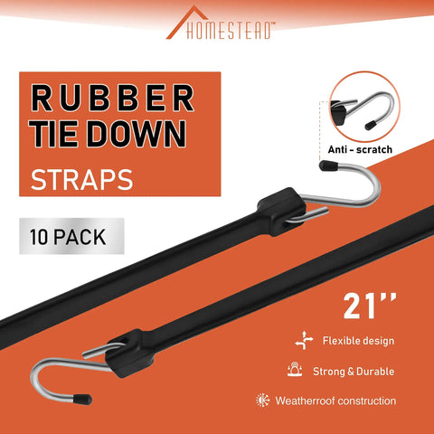 21-inch rubber tie down straps with hooks, flexible and weatherproof design, close-up of metal anti-scratch hooks, 10 pack image.