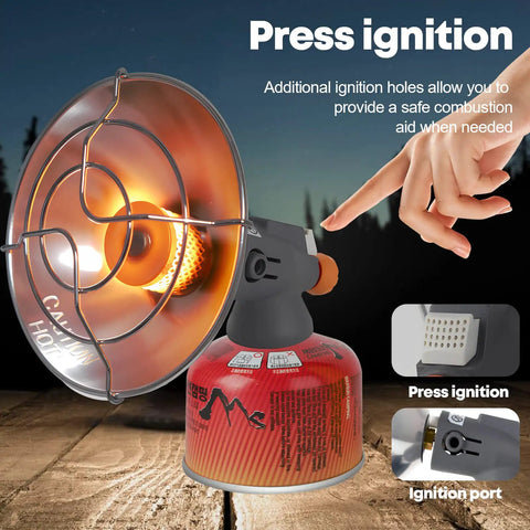 Portable Outdoor Propane Heater For Camping And Fishing, Dual Fuel 1lb Propane Or ISO Butane, Self Igniting, stable on wood surface