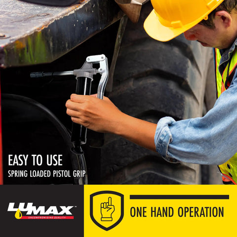 Worker using Compact Pistol Grip Grease Gun With 3 Oz Cartridge Black Built For One Hand Operation Lightweight for a vehicle