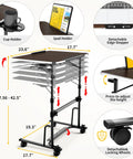 Adjustable Sit Stand Rolling Desk Built Tough With Slick Gliding Wheels And Multi Level Height Tuning For A Smooth Flex Workspace Anywhere, showcasing height adjustment and cup holder.