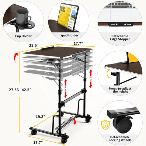Adjustable Sit Stand Rolling Desk Built Tough With Slick Gliding Wheels And Multi Level Height Tuning For A Smooth Flex Workspace Anywhere, showcasing height adjustment and cup holder.
