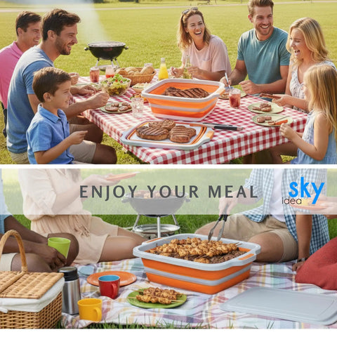 Collapsible BBQ Prep Tub With Lid XL 4.22 Gal Folding Cutting Board and Food Basin at outdoor picnic