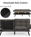 Convertible Futon Sofa Bed In Grey Linen With Detachable Cushions, adjustable backrest and armrest showcasing zipper design
