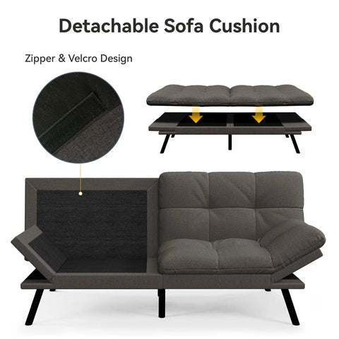 Convertible Futon Sofa Bed In Grey Linen With Detachable Cushions, adjustable backrest and armrest showcasing zipper design