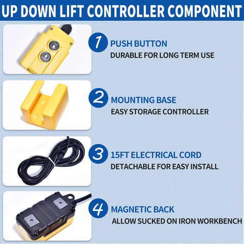3 Wire Dump Trailer Remote Control Switch 12V For Single Acting Hydraulic Pumps Power Units Lift Dump Trucks And Wreckers Up Down Controller Replacement components displayed with labels: push button, mounting base, 15ft electrical cord, and magnetic back for mounting.
