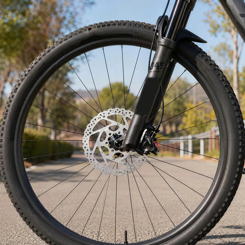 Complete Hydraulic Disc Brake Conversion Kit For Mountain Bikes With Two Ventilated Steel Rotors And Heavy Duty Metal Levers installed on a front wheel.