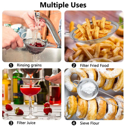 Three Piece Fine Mesh Strainer Set With Handles For Sifting Wet Or Dry Ingredients In The Kitchen Go To Stainless Steel Sieve used for rinsing grains, filtering fried food, juice, and flour