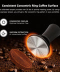 Heavyweight Black Fifty Eight Millimeter Espresso Tamper Locks Tight To Any Standard Portafilter, showcasing calibrated concentric ring design.