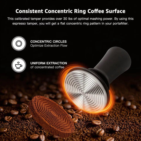 Heavyweight Black Fifty Eight Millimeter Espresso Tamper Locks Tight To Any Standard Portafilter, showcasing calibrated concentric ring design.