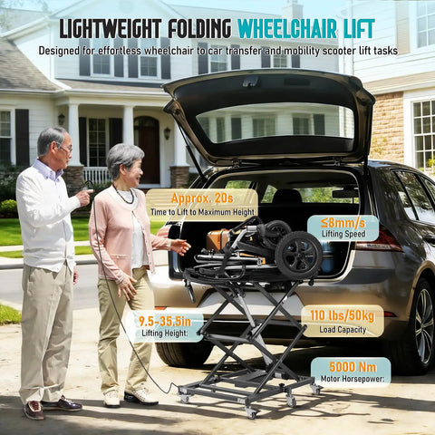Lightweight Foldable Electric Scissor Lift With Whisper Quiet Motor And Zero Shake Platform loading a wheelchair into a car.