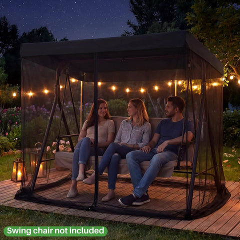 Mosquito Net Cover For 3 Seater Patio Swing With Waterproof Top, Zipper Door, And Fixing Straps, Black Bug Mesh Screen at night