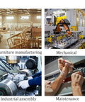 Collage showing furniture manufacturing, mechanical assembly, industrial assembly, and maintenance settings.