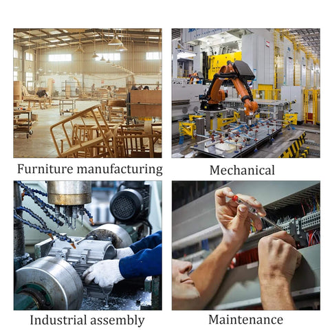 Collage of four images showing furniture manufacturing, mechanical assembly, industrial assembly, and maintenance work.