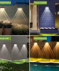 Top Notch Solar Fence Lights For Outdoor Yard And Garden Walkways Offering Three Adjustable Light Modes With A Slick No Hassle Mount And Heavy Duty Weather Resistant Housing To Deliver Solid Ambient Glow In An 8 Pack Bundle illuminated on a backyard fence, house wall, house number, and near swimming pool.