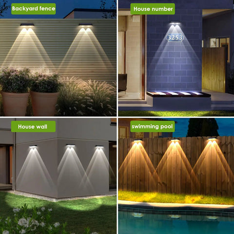 Top Notch Solar Fence Lights For Outdoor Yard And Garden Walkways Offering Three Adjustable Light Modes With A Slick No Hassle Mount And Heavy Duty Weather Resistant Housing To Deliver Solid Ambient Glow In An 8 Pack Bundle illuminated on a backyard fence, house wall, house number, and near swimming pool.