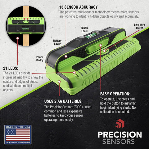 Infographic of 13 Sensor ProSensor M210 Stud Finder for wood and metal, detailing features like precision LEDs, live wire detection, and 13 sensor accuracy.