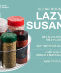 Clear Round Lazy Susan Turntable for Kitchen Storage with jars and spices, BPA-free plastic, 9-inch spin organizer.