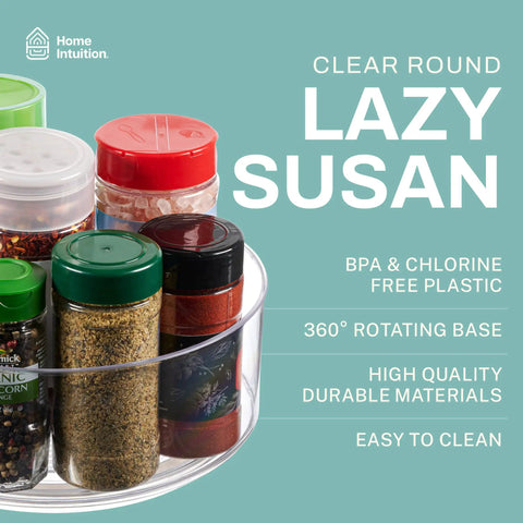 Clear Round Lazy Susan Turntable for Kitchen Storage with jars and spices, BPA-free plastic, 9-inch spin organizer.