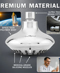 Close-up of Six Function Luxury Shower Head With High Pressure Boost Anti Clog Nozzles, chrome finish, labeled materials.