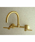 8 Inch Adjustable Center Wall Mount Kitchen Faucet With Solid Brass Construction Drip Free Ceramic Disc Cartridge Brushed Nickel Finish For A Boss Look Easy Install Smooth Flow At 60 Psi in gold against textured wall